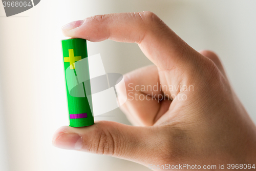 Image of close up of hand holding green alkaline battery