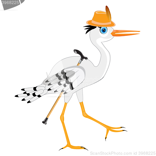 Image of Stork in hat with walking stick