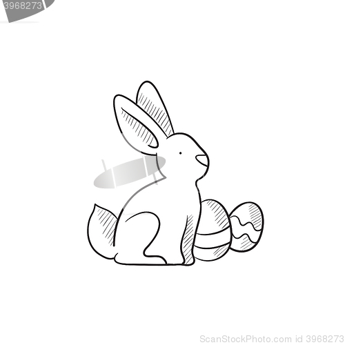 Image of Easter bunny with eggs sketch icon.