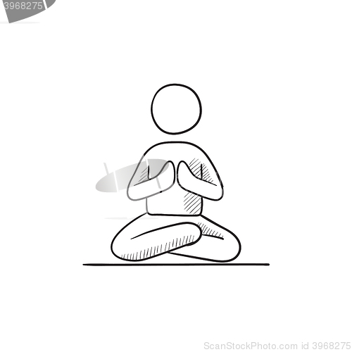 Image of Man meditating in lotus pose sketch icon.