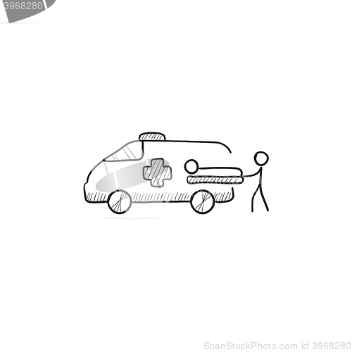 Image of Man with patient and ambulance car sketch icon