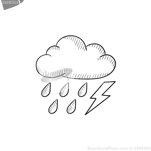 Image of Cloud with rain and lightning bolt sketch icon.