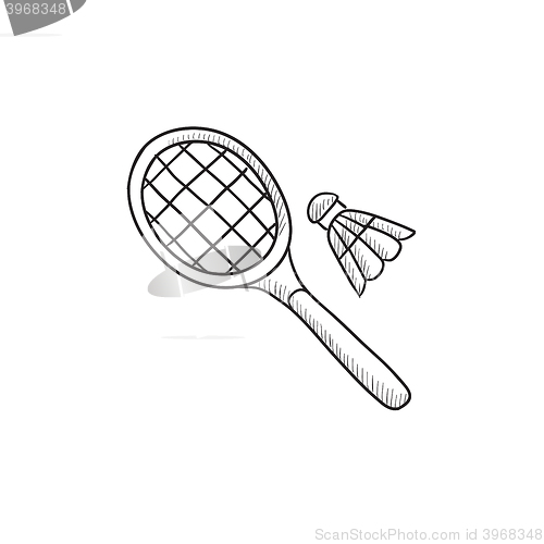 Image of Shuttlecock and badminton racket sketch icon.