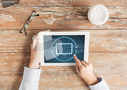 Image of close up of female hands with tablet pc and coffee