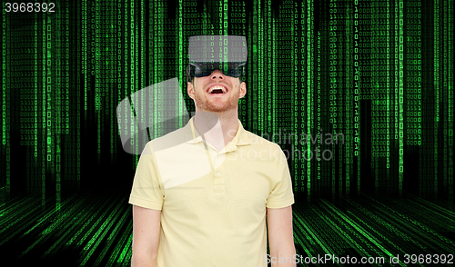 Image of happy man in virtual reality headset or 3d glasses