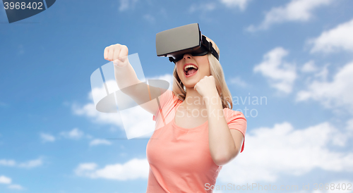 Image of woman in virtual reality headset or 3d glasses