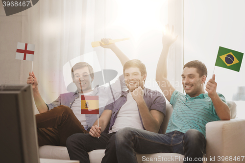 Image of happy male friends with flags and vuvuzela