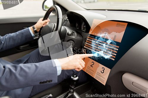 Image of man driving car and pointing to on-board computer