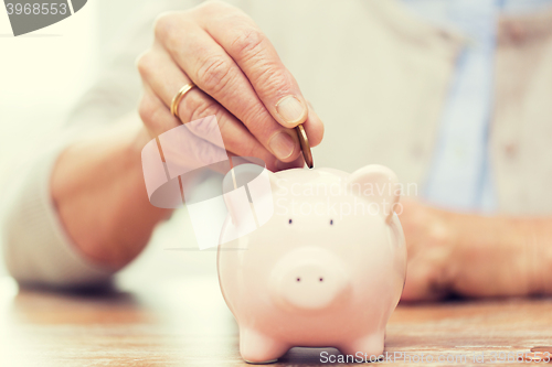 Image of senior woman hand putting money to piggy bank