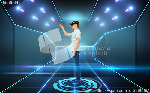 Image of man in virtual reality headset or 3d glasses