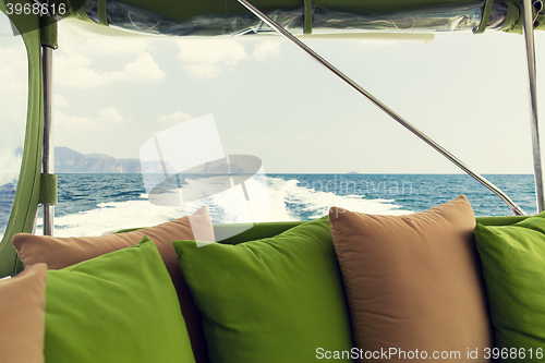 Image of ocean view from board of sailing boat or yacht