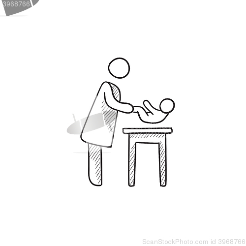 Image of Mother taking care of baby sketch icon.