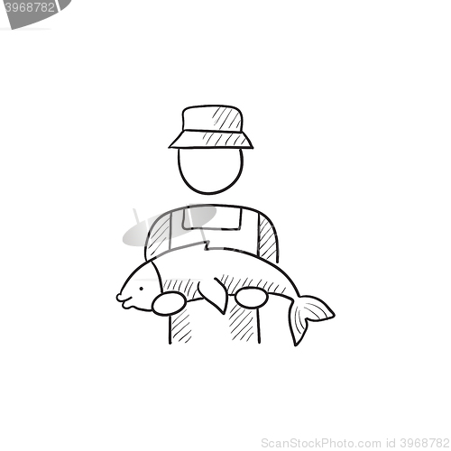 Image of Fisherman with big fish sketch icon.