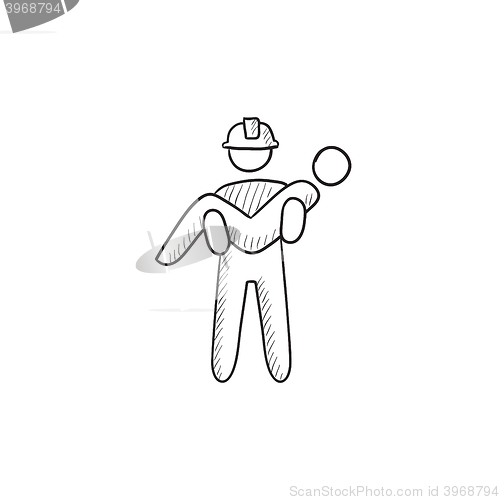 Image of Fireman holding person on hands sketch icon.