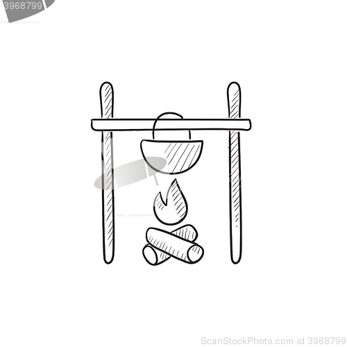 Image of Cooking in cauldron on campfire sketch icon.