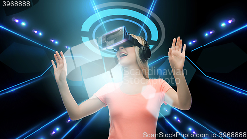 Image of woman in virtual reality headset or 3d glasses