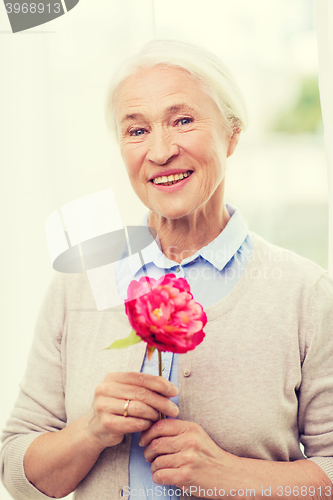 Image of happy smiling senior woman with flower at home