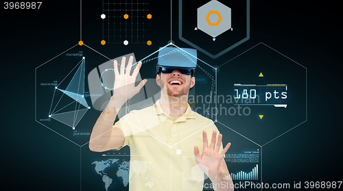 Image of happy man in virtual reality headset or 3d glasses