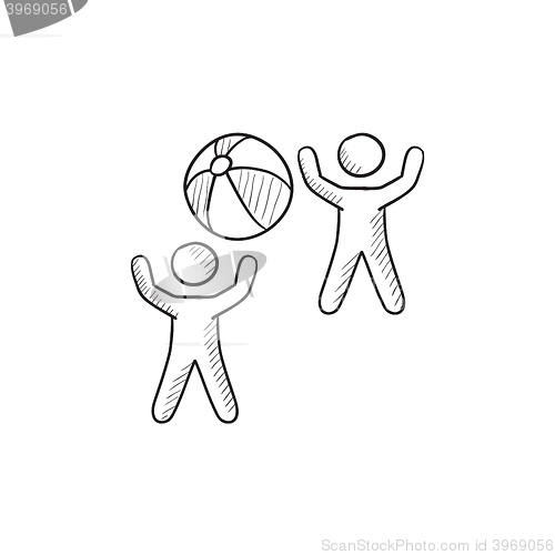 Image of Children playing with inflatable ball sketch icon.