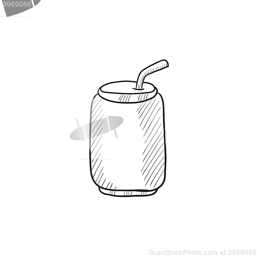 Image of Soda can with drinking straw sketch icon.