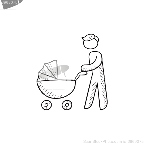 Image of Man walking with baby stroller sketch icon.