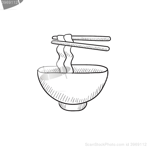 Image of Bowl of noodles with pair chopsticks sketch icon.