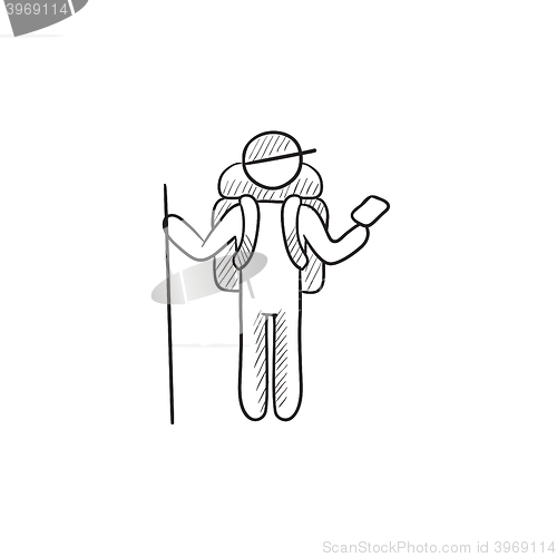 Image of Tourist backpacker with phone sketch icon.