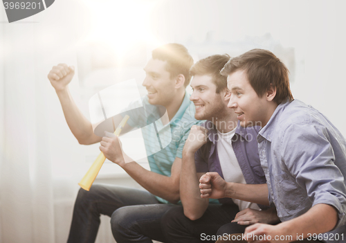 Image of happy male friends with vuvuzela watching sports