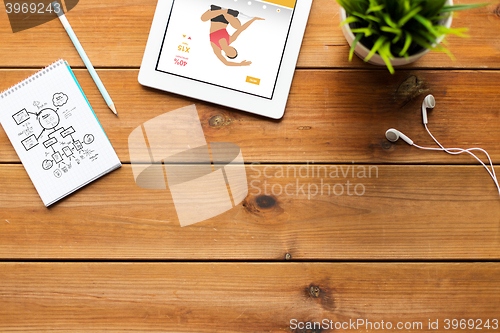 Image of close up of tablet pc with fitness app on table