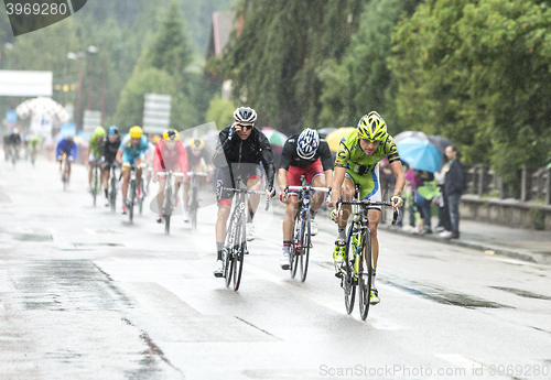 Image of The Peloton Riding in the Rain - Tour de France 2014
