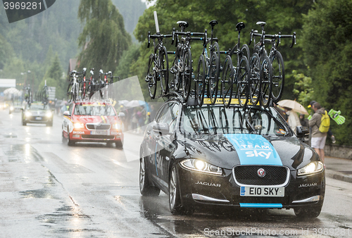 Image of Sky Team's Technical Car Driving in the Rain - Tour de France 20