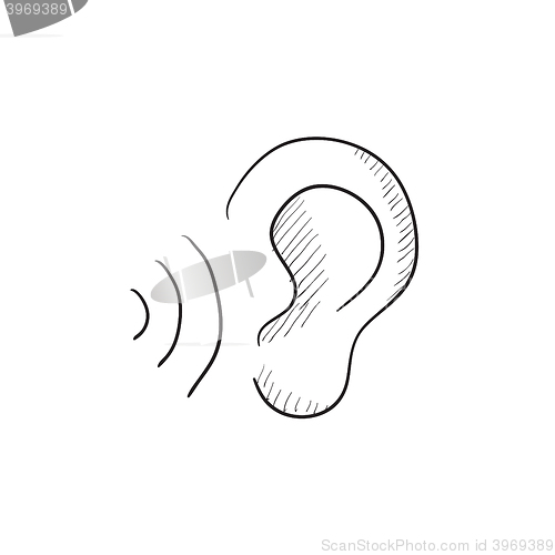 Image of Ear and sound waves sketch icon.