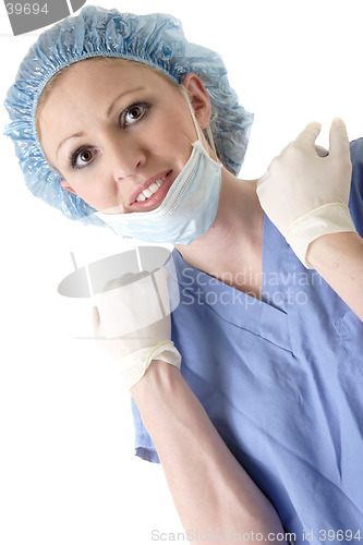 Image of lady surgeon on white background