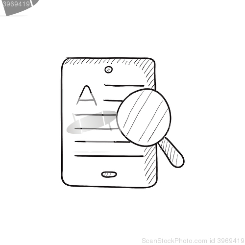 Image of Tablet and magnifying glass sketch icon.