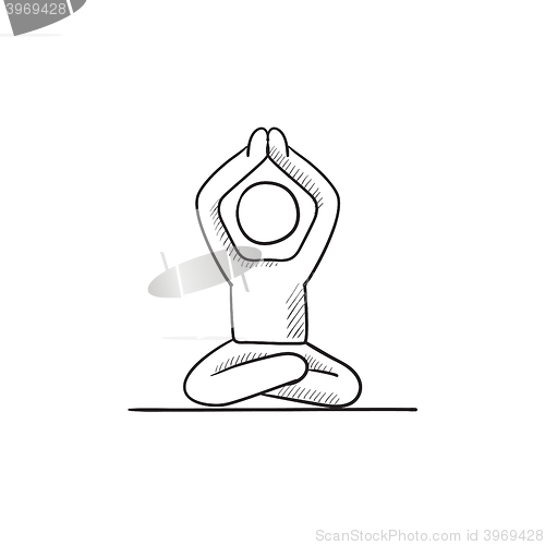 Image of Man meditating in lotus pose sketch icon.