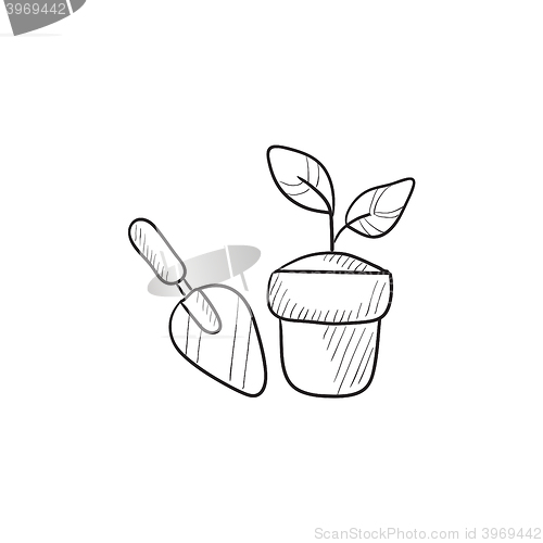 Image of Garden trowel and pot with plant sketch icon.