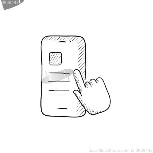 Image of Finger touching smartphone sketch icon.