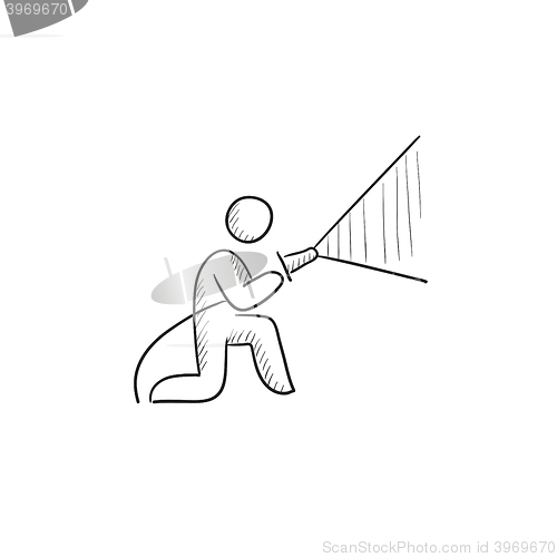 Image of Fireman spraying water sketch icon.