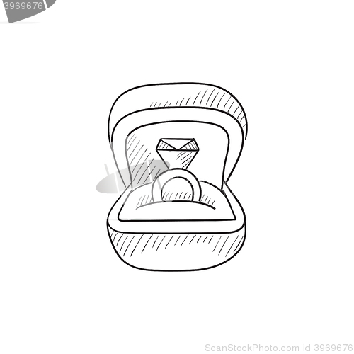 Image of Wedding ring in gift box sketch icon.