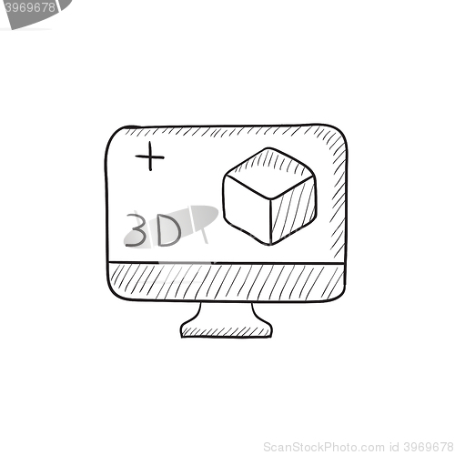 Image of Computer monitor with 3D box sketch icon.