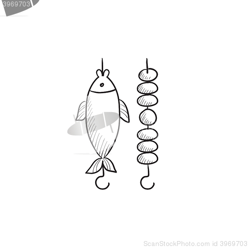 Image of Shish kebab and grilled fish sketch icon.