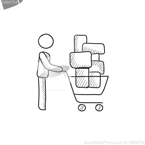 Image of Man pushing shopping cart sketch icon.