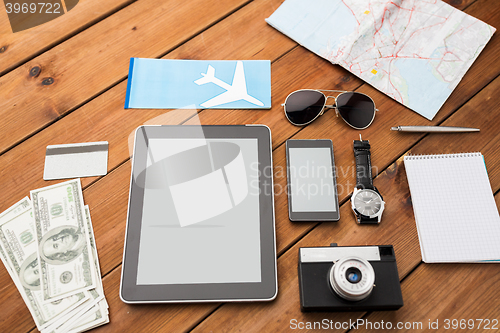 Image of close up of smartphone and travel stuff