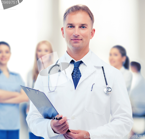 Image of male doctor with stethoscope and clipboard