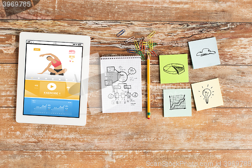 Image of close up of notebook, stickers and tablet pc