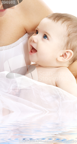 Image of happy baby boy with mama in water