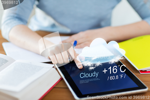 Image of close up of woman with weather cast on tablet pc