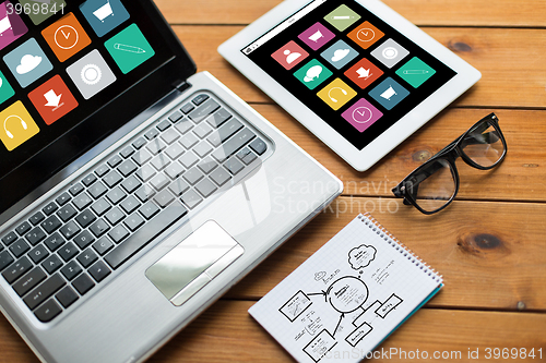 Image of close up of on laptop, tablet pc and notebook