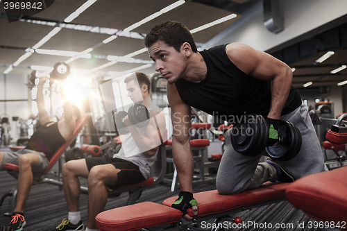 Image of group of men with dumbbells in gym