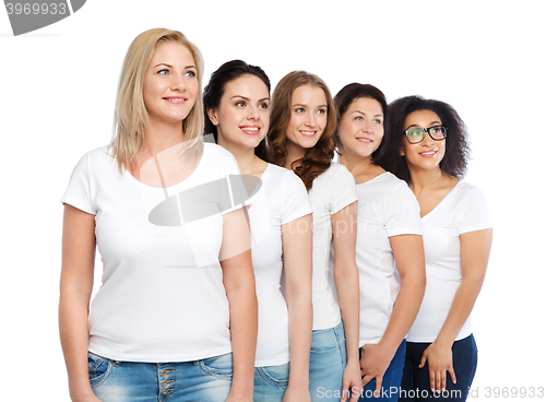 Image of group of happy different women in white t-shirts